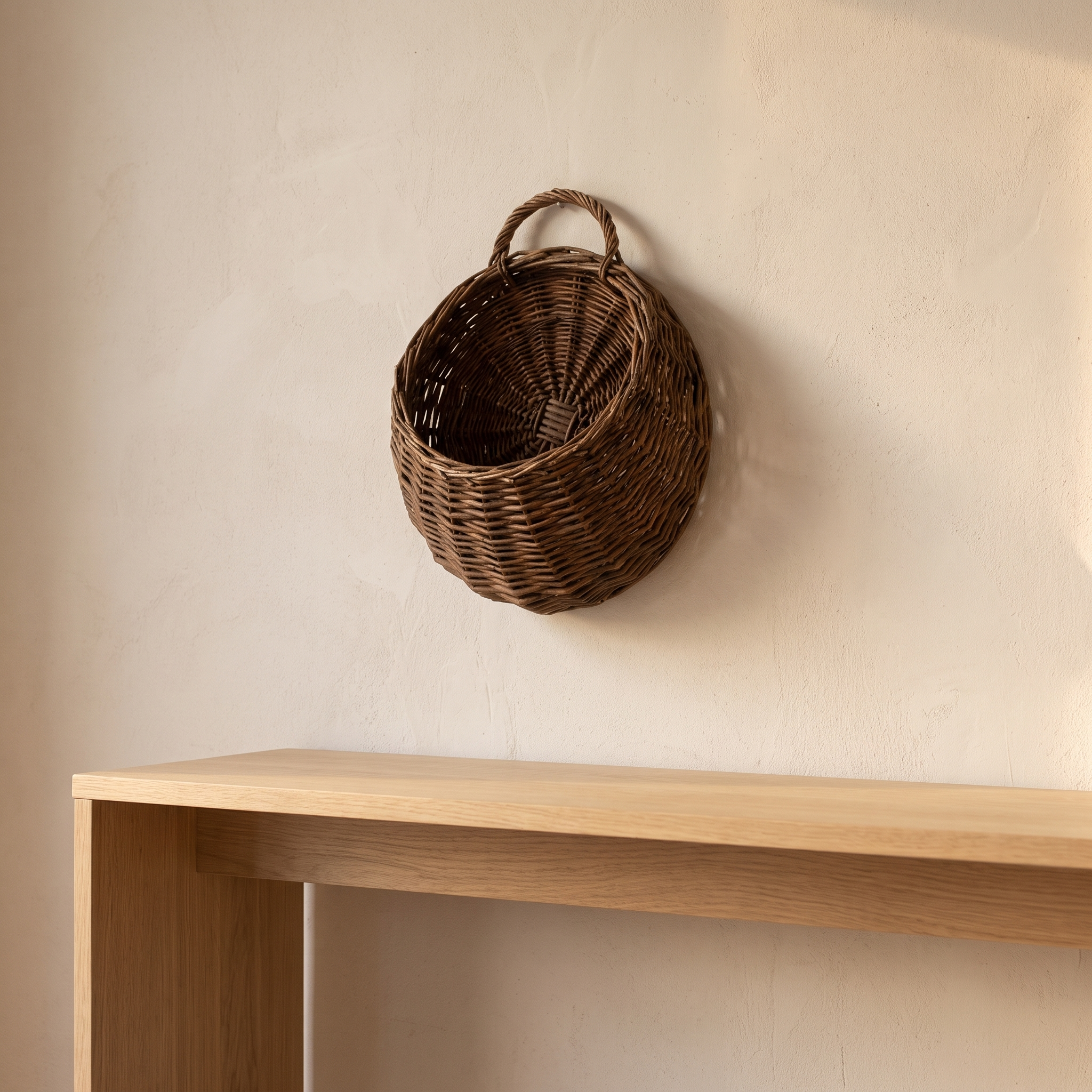 Cesta de pared natural sobre una consola de roble