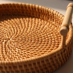 Detalle del tejido en espiral y el asa de madera de la bandeja