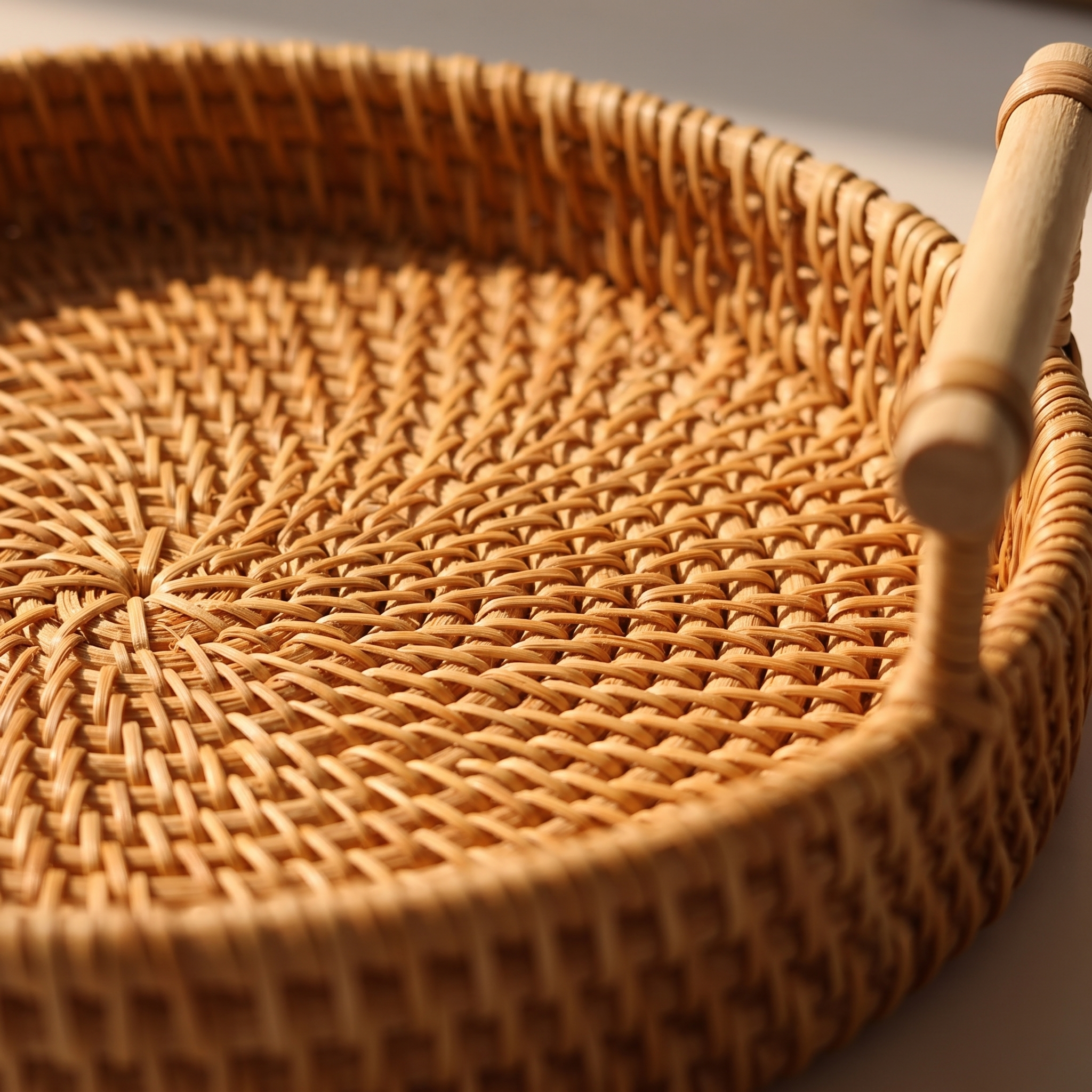 Detalle del tejido en espiral y el asa de madera de la bandeja
