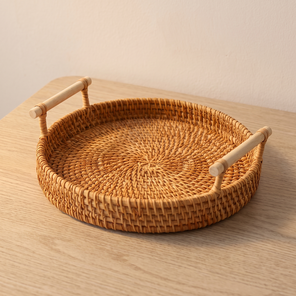 Bandeja de ratán redonda 24 cm con asas de madera sobre mesa de roble