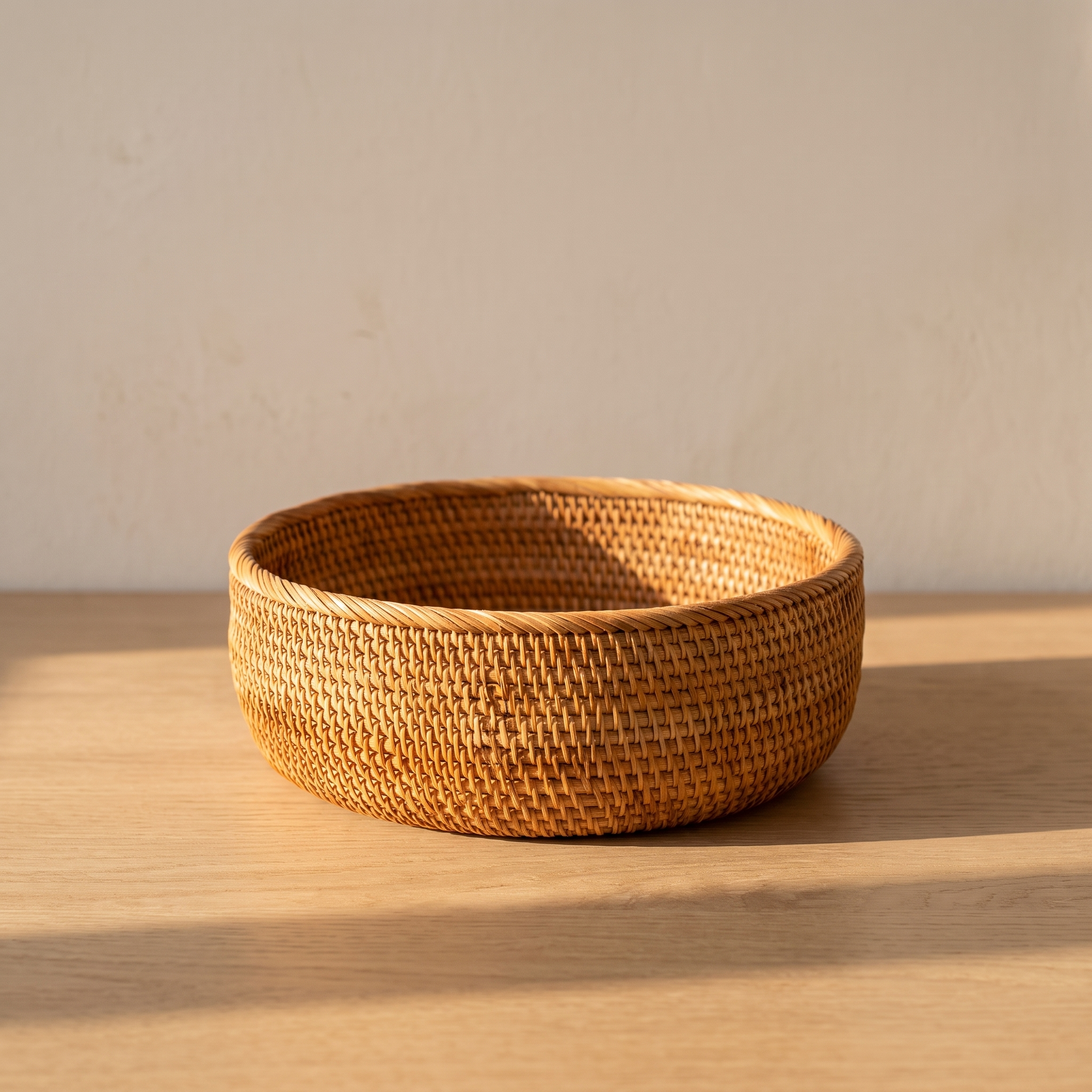 Cesta de mimbre natural en la cocina con luz de tarde