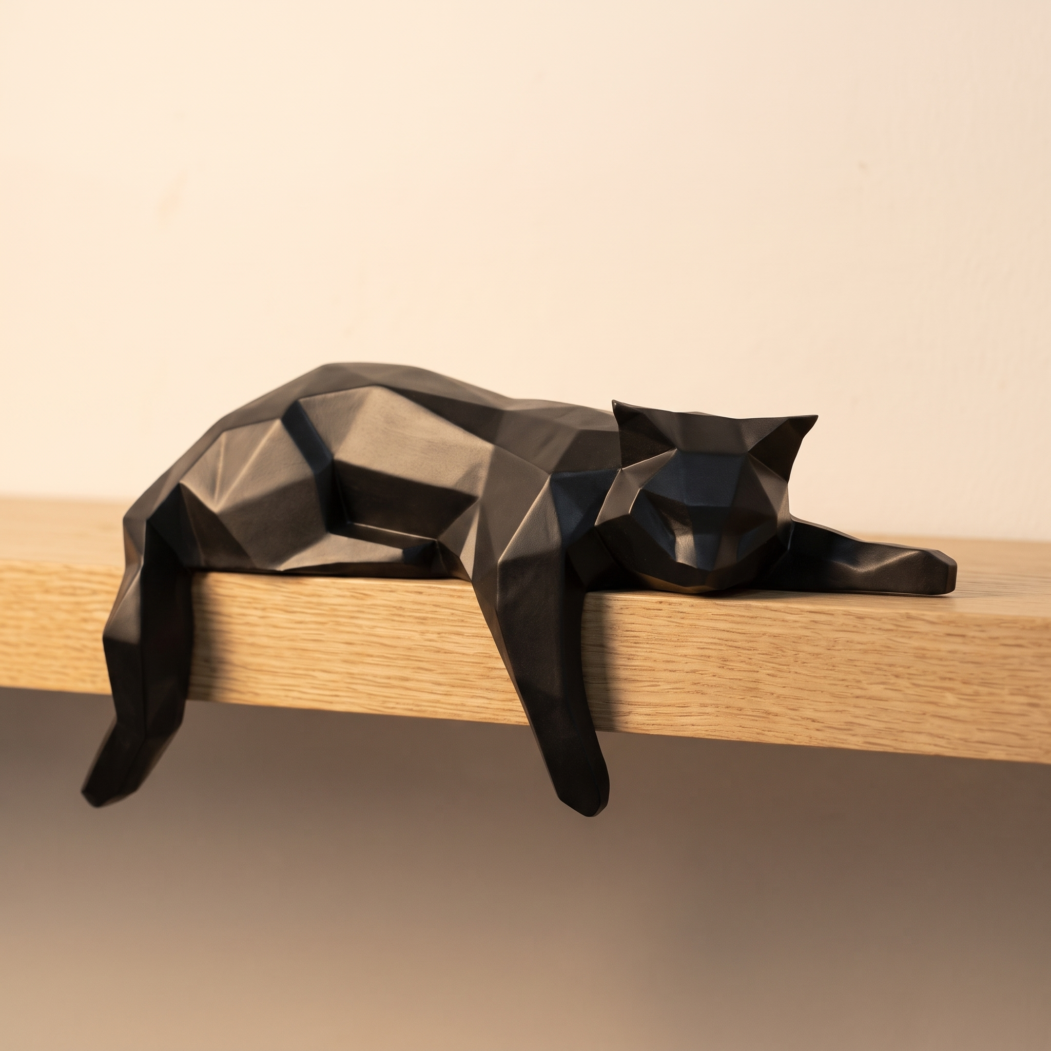Figura decorativa de gato geométrico negro en el borde de una balda