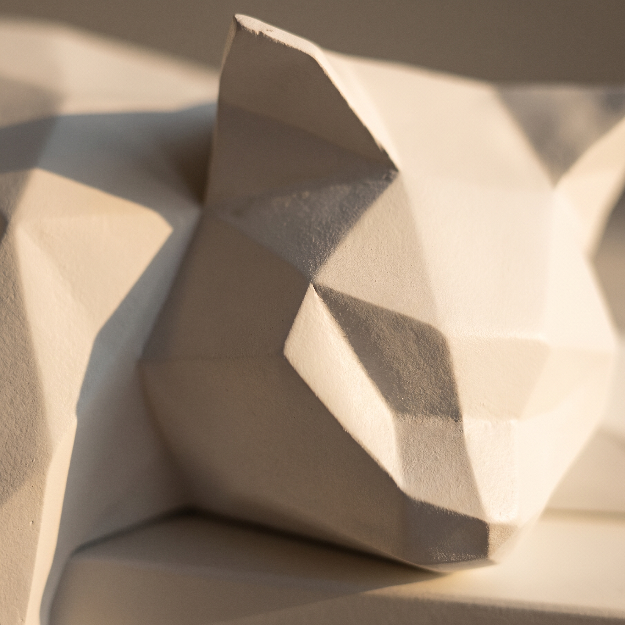 Detalle de las facetas de la escultura de gato blanco