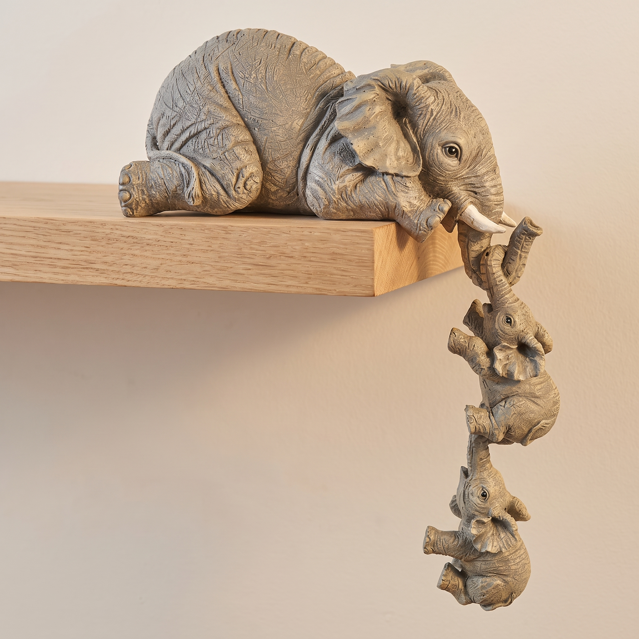 Set de 3 figuras de elefante de resina colgando del borde de una balda