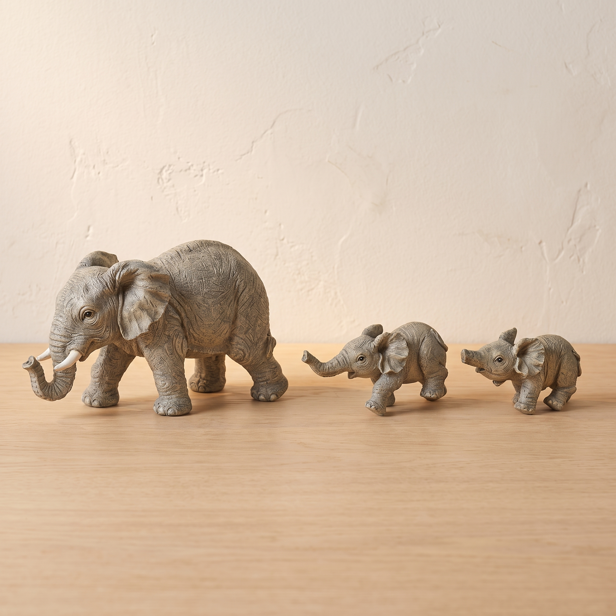 Las tres figuras de elefante alineadas para comparar tamaños