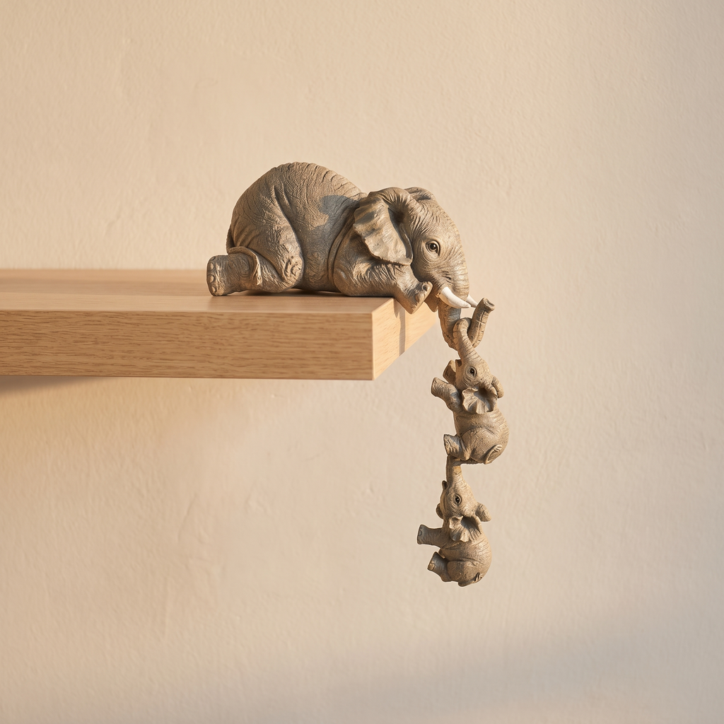 Elefantes decorativos en una estantería con luz de tarde