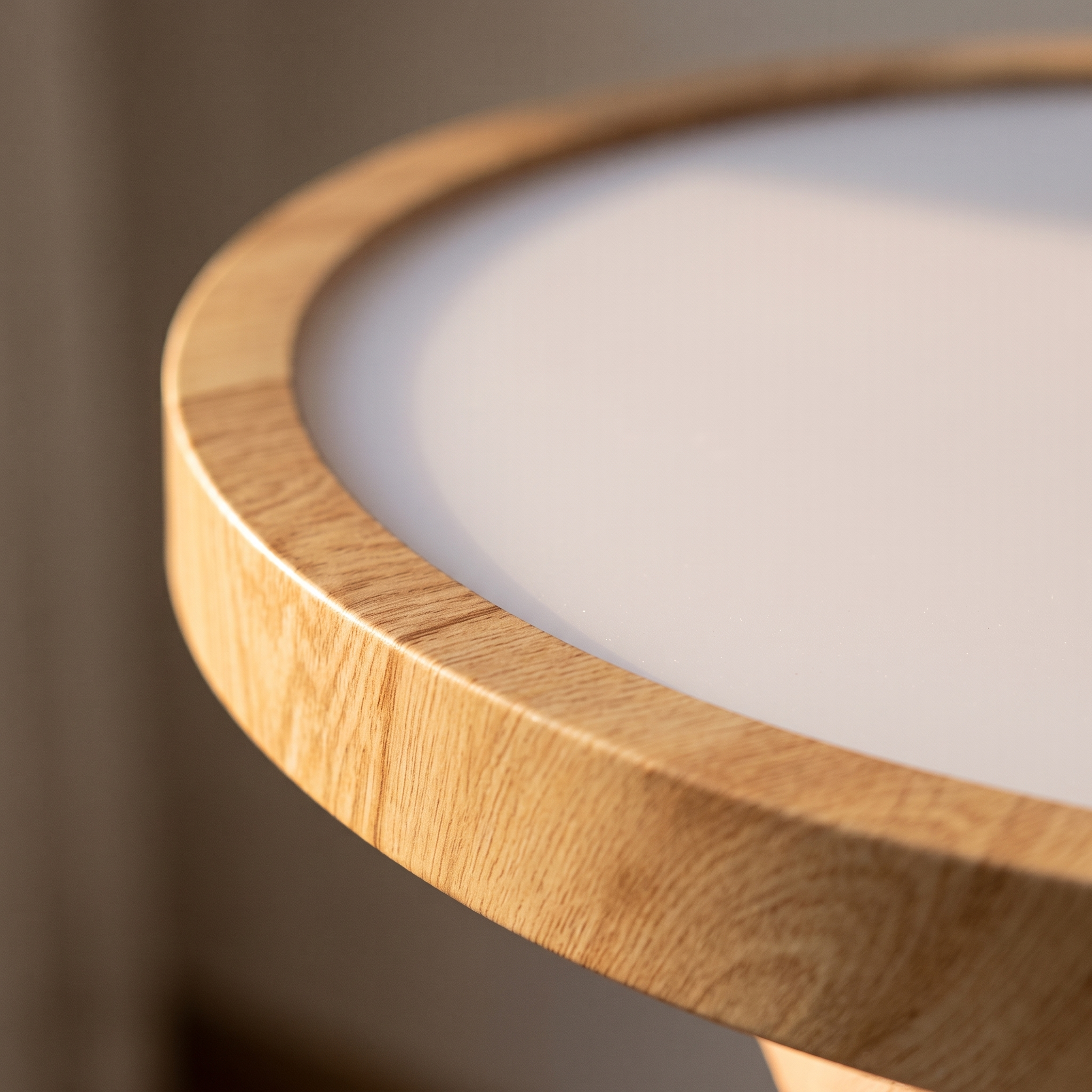 Detalle del canto de madera y el difusor opal del plafón