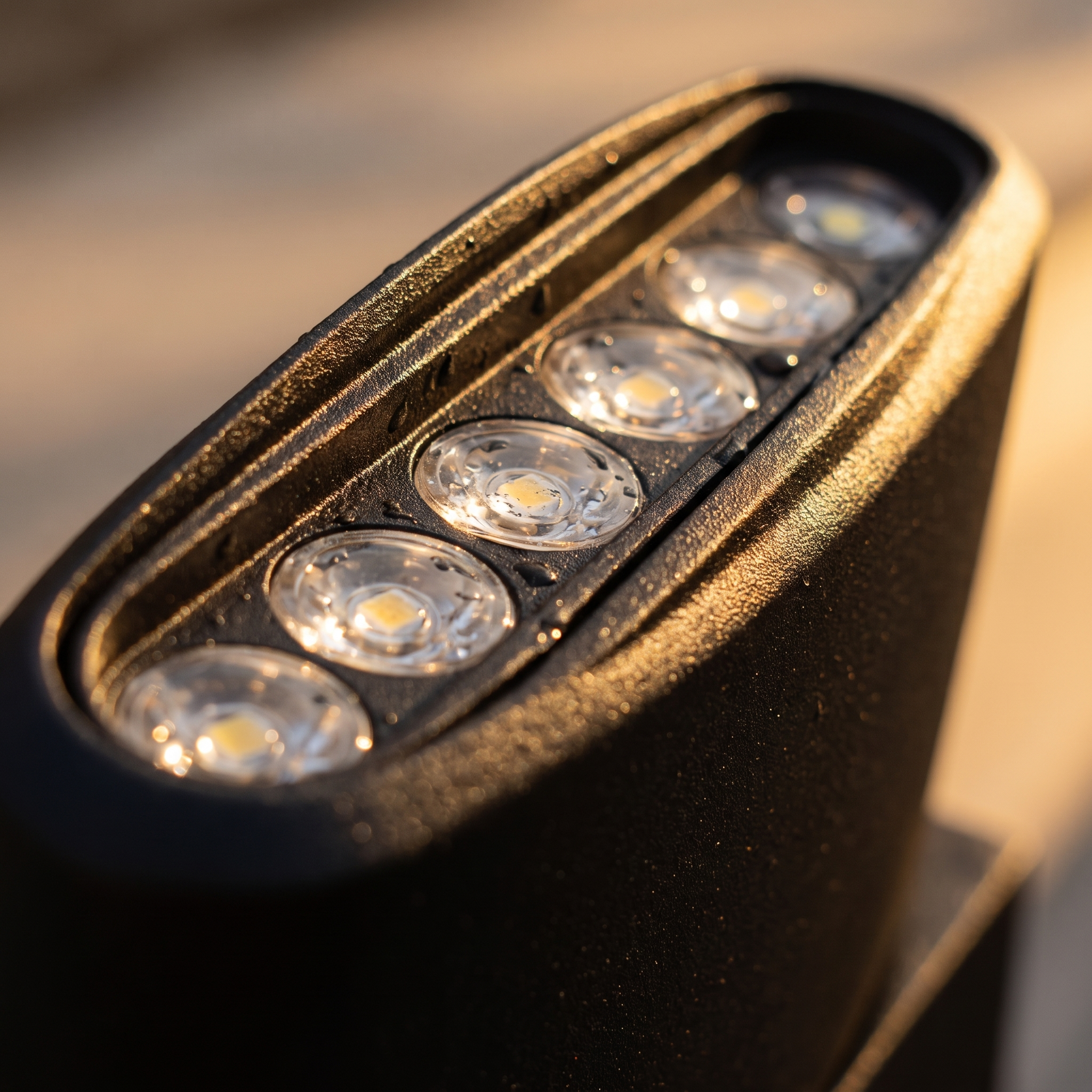 Detalle de las lentes LED del aplique negro