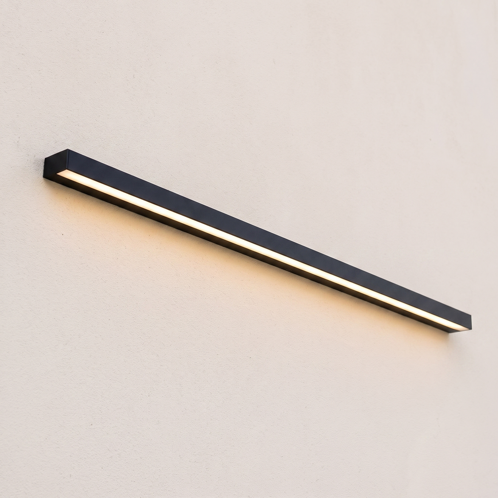 Aplique de exterior lineal LED negro IP65 encendido en fachada