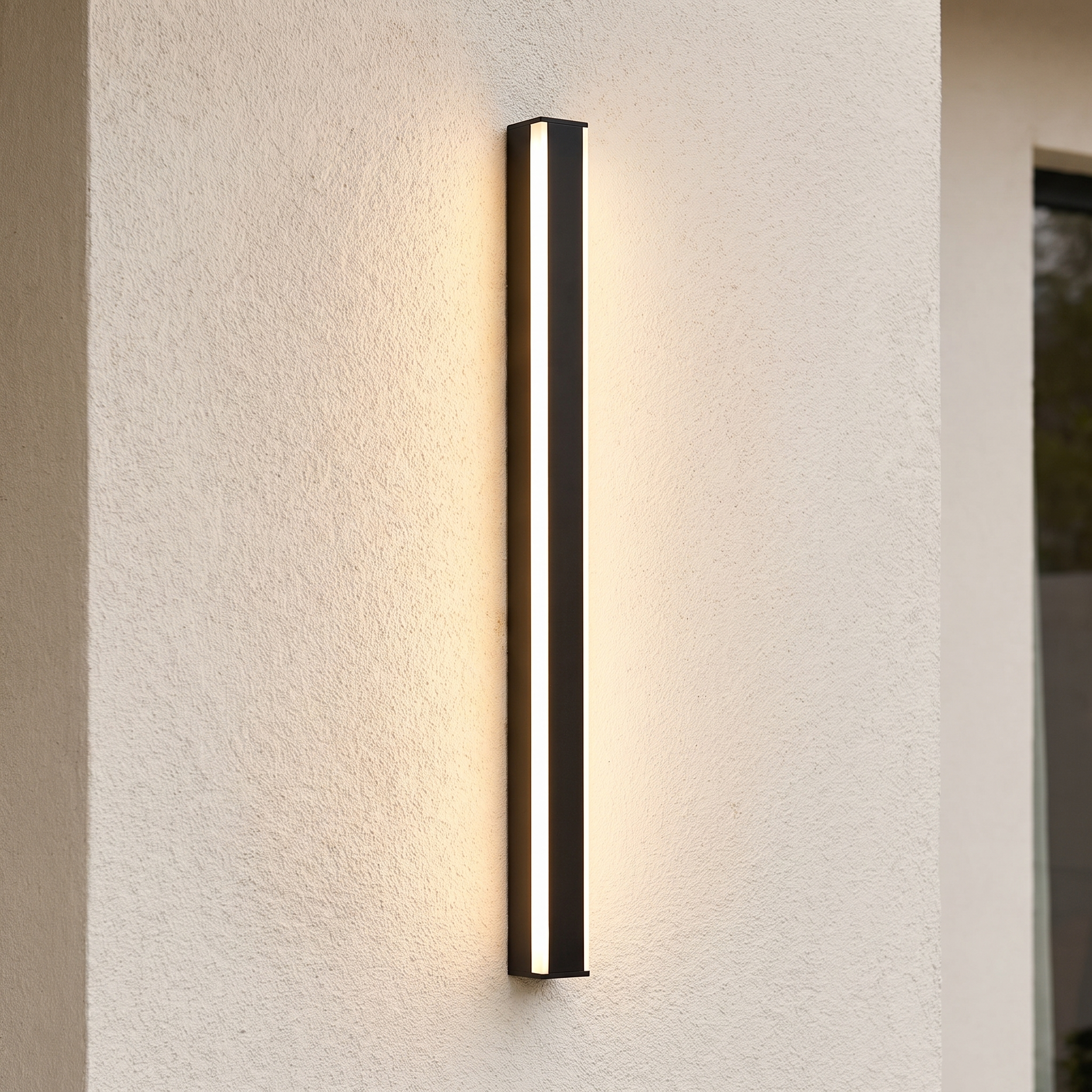 Aplique de exterior LED lineal negro 60 cm encendido en fachada